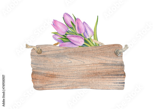 Watercolor wooden sign with tulips bouquet isolated on white background. Flowers, greenery, wooden window on white background. Hand drawn illustration. Happy Easter banner, poster, greeting card