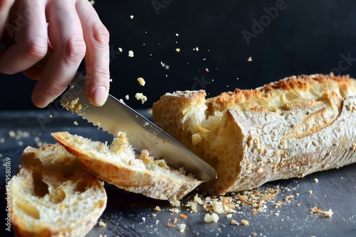 person slicing a crusty baguette, crumbs scattering