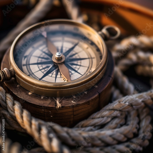 Vintage Nautical Compass on Wooden Surface with Marine Rope