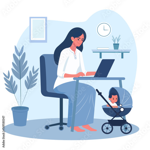 Indian mother working from home and taking care of her child