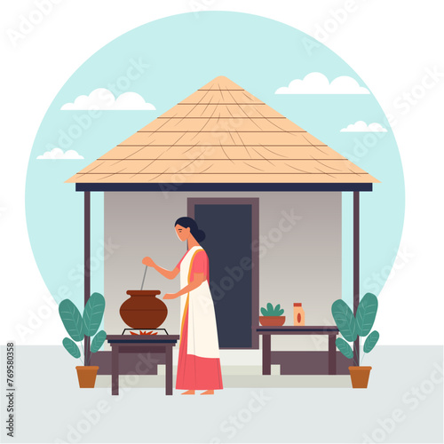 Indian Homemaker working in her kitchen in rural village