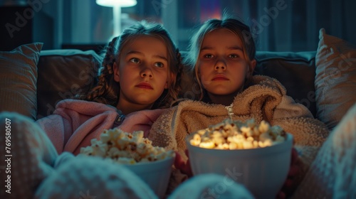 Two cheerful teenager friends watching a tv film at home. Two girls eating popcorn and Having a movie night. Generative ai