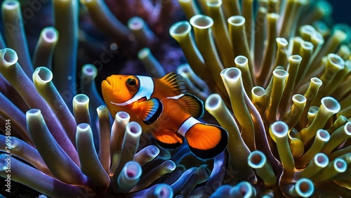 clown fish swimming around anemone in an aquarium.