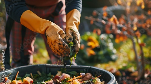 Hands diligently compost food waste into compost bin in backyard garden, fostering sustainability and eco-consciousness. Environmental stewardship, promoting organic recycling and soil enrichment photo