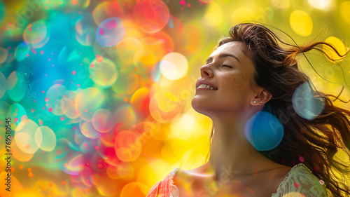A vibrant woman on a colorful summer backround, exuding the essence of joy and liveliness in the season