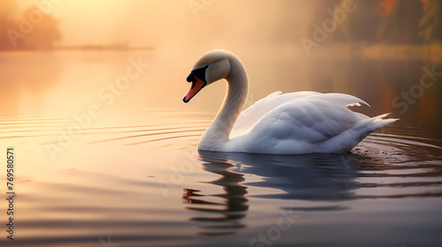 White swans in love on peaceful water background