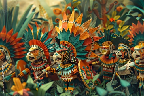 Origami Paper Town  Aztec Warriors in Battle Essence  