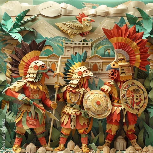 Origami Paper Town: Aztec Warriors in Battle Essence