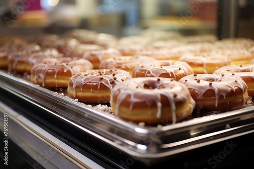 Selective focus on a tray of just-glazed donuts.