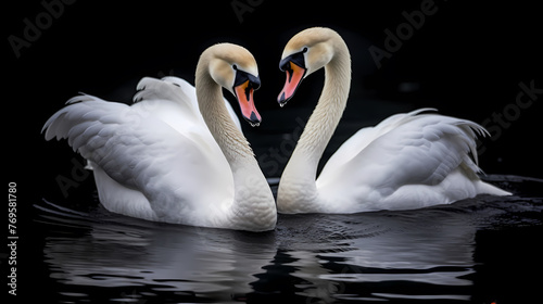 White swans in love on peaceful water background