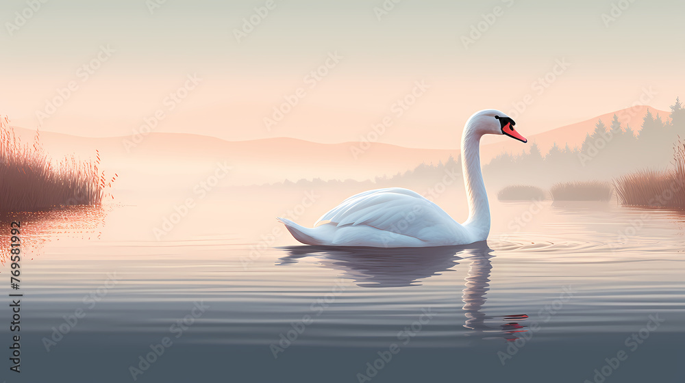 White swans in love on peaceful water background