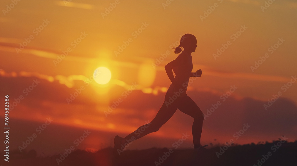 Silhouette of athlete runner running at sunset