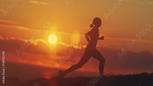 Silhouette of athlete runner running at sunset