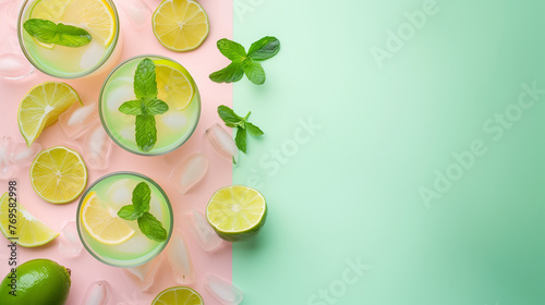 Minimal summer and party composition with mojito cocktails with freshmint leaves, lime slices and ice cubes arround on pastel pink and green background.  Flat lay. Banner design, promotion, commercial photo