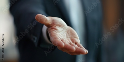 Close-up of a businessman s hand presenting a proposal to investors. 