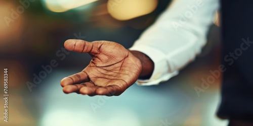 Close-up of a businessman's hand presenting a proposal to investors.  photo