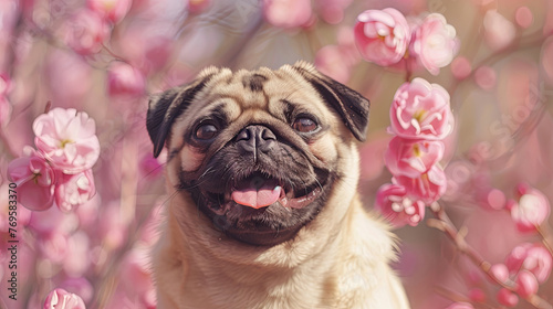 Cute pug on a background of cherry blossoms © Taisiia