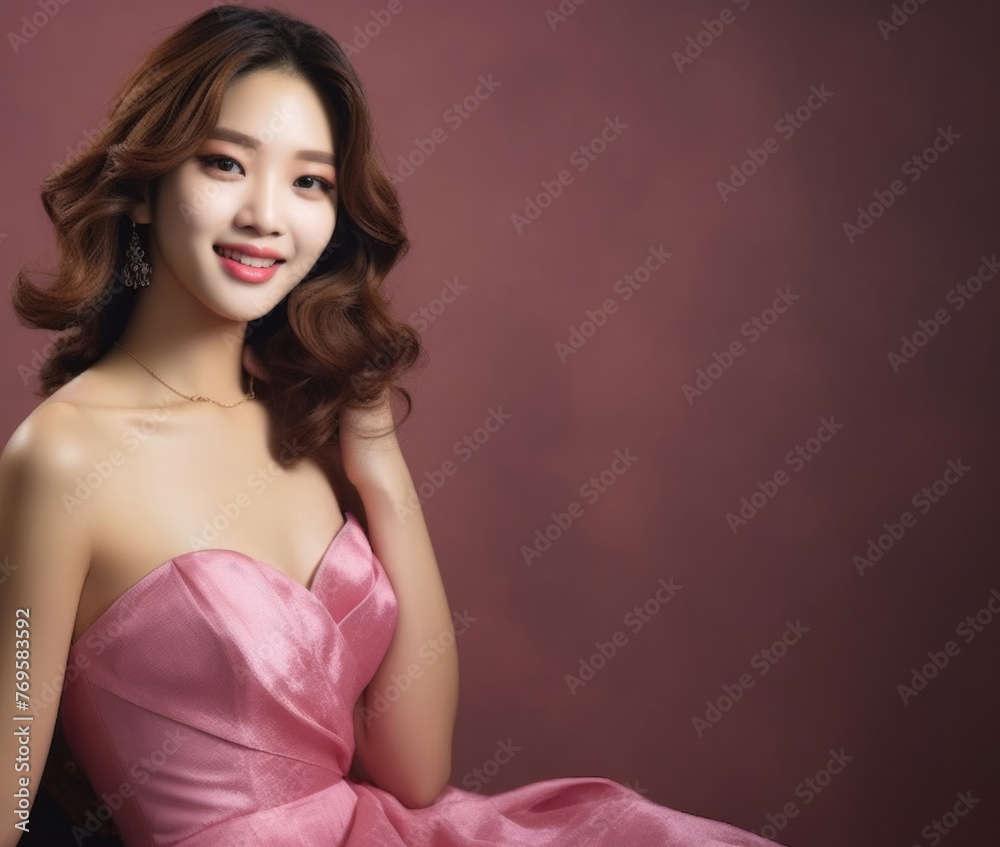 Obraz premium Full body portrait of lovely lady posing with pink dress. Close up portrait of a fashion woman in beautiful pink dress. Generative AI.
