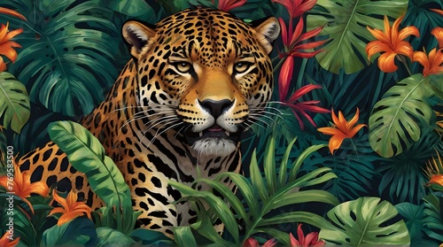 Jungle, animals and tropics. Vector illustrations of flamingo, panther, tiger, leopard, palm leaves, flowers and textures. Drawings for poster, background and cover   geneative ai  photo