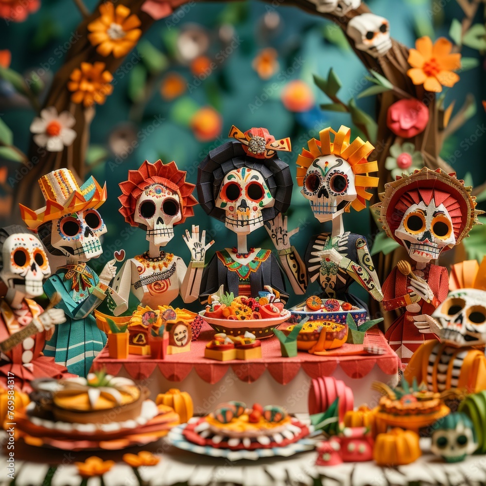 Origami Paper Town: Family Gathering for Día de los Muertos Essence

