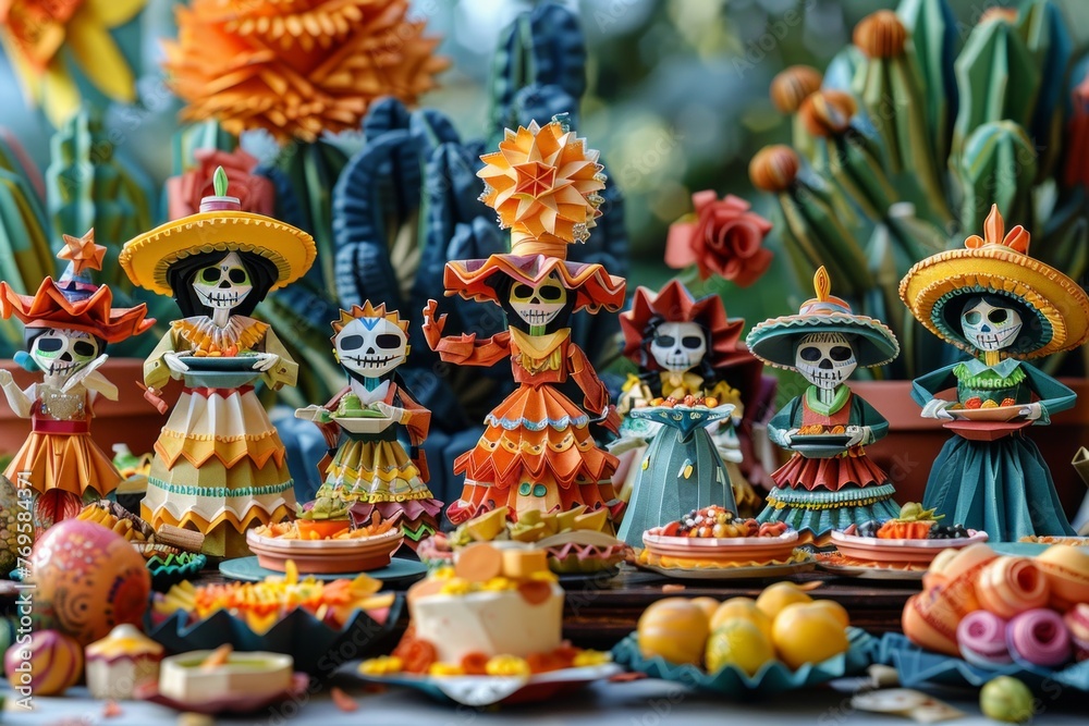 Origami Paper Town: Family Gathering for Día de los Muertos Essence

