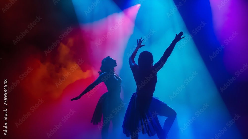 Two dancers' silhouettes against a vibrant backdrop of stage fog and multicolored lights.
