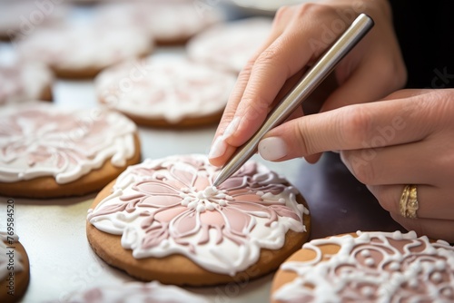 Zoomed-in shot of a baker's hands decorating cookies with royal icing.