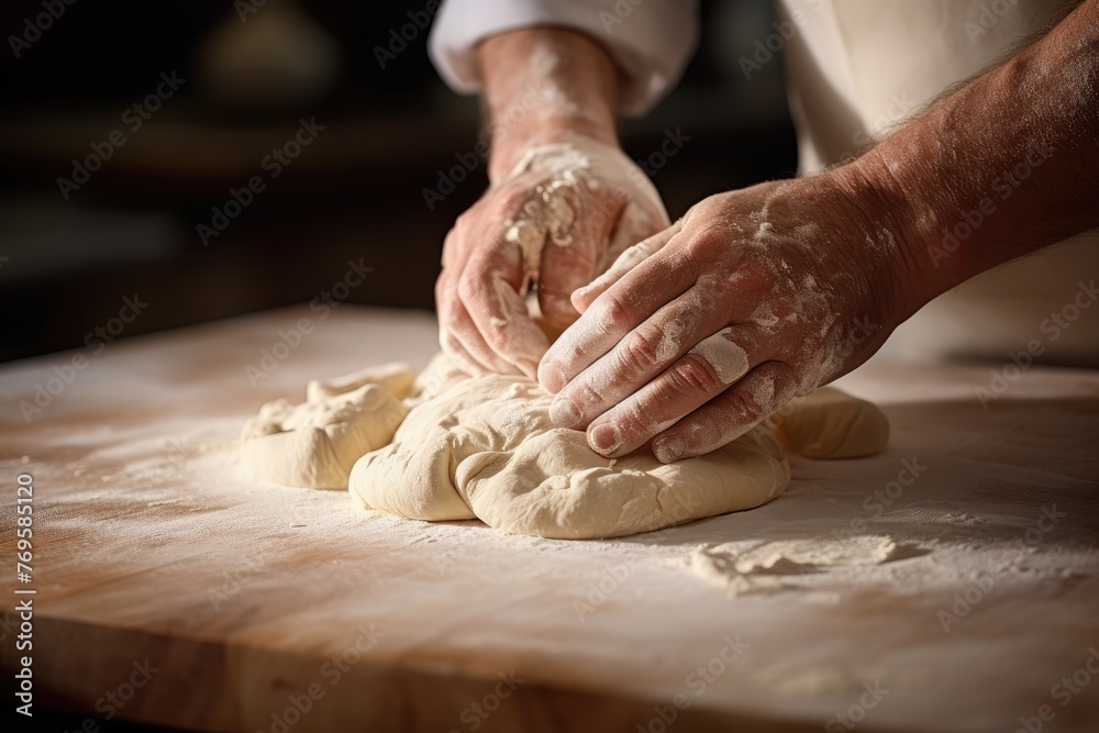 Zoomed-in shot of a baker's hands using a pastry cutter on dough.