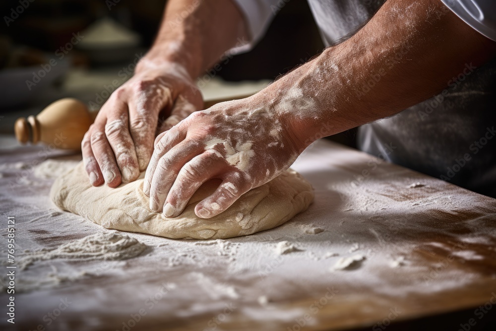 Zoomed-in shot of a baker's hands using a pastry cutter on dough. Zoomed-in shot of a baker's hands using a pastry cutter on dough.