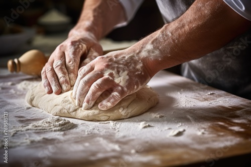 Zoomed-in shot of a baker's hands using a pastry cutter on dough. photo