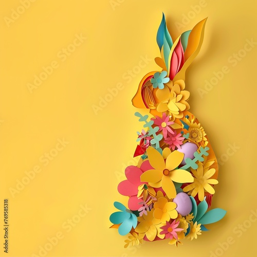 Colorful Paper Bunny on Yellow Background. Cheerful Papercraft Collage for Kids. Happy Easter Concept.  © Mladen