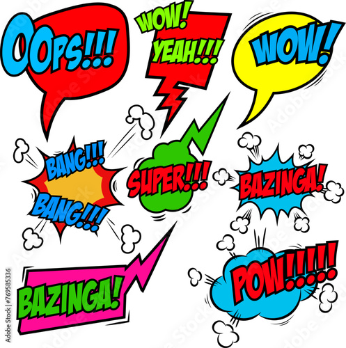 Set of comic text, Pop art style phrases. Waw, Pow, Bang-Bang, Super!, Bazinga, Oops! Vector design elements.