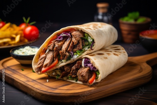 Hearty doner kebab on a slate plate against a pastel painted wood background