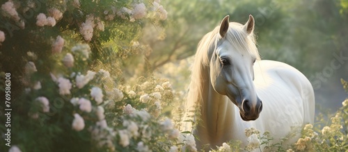 A white horse with a flowing mane stands majestically in a field of vibrant flowers, its eyes scanning the beautiful natural landscape around it