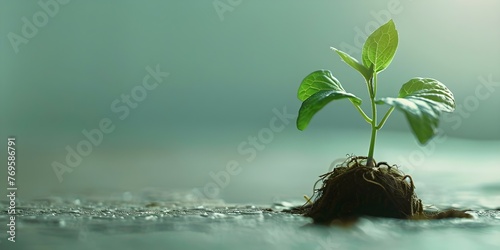 Closeup of a young green plant with roots growing symbolizing economic growth or business investment. Concept Business Investment, Economic Growth, Green Plants, Closeup Photography