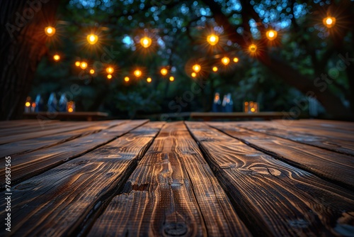 Empty wooden table with party in garden background 