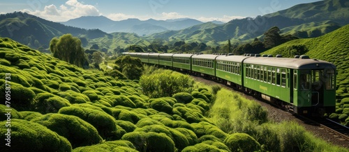 train between tea plantations in the highlands with blue clear sky