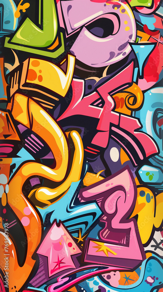 Obraz premium Graffiti font wall, flat illustration, hip-hop. AI Generated