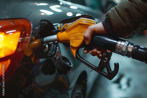 Person filling up car's gas tank with yellow light, refueling at gas station in the evening