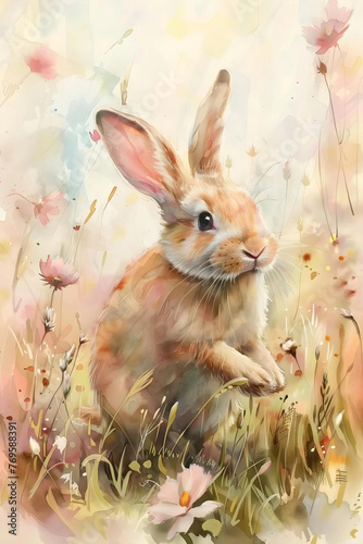 Bunny hopping in a pastel meadow watercolor wide v 00000 00_20240328012944873