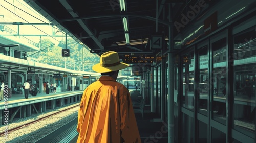 Man in yellow coat and hat standing on platform at train station, waiting for arrival