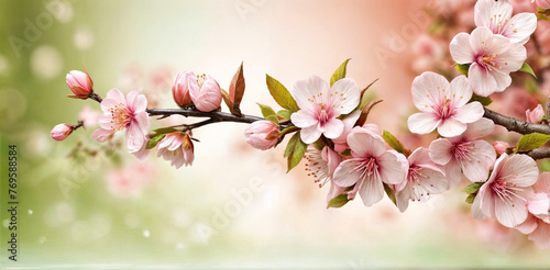 A lovely spring abstract background featuring beautiful cherry blossom branch elements from nature. Banner or greeting card  invitation with copy space for texts
