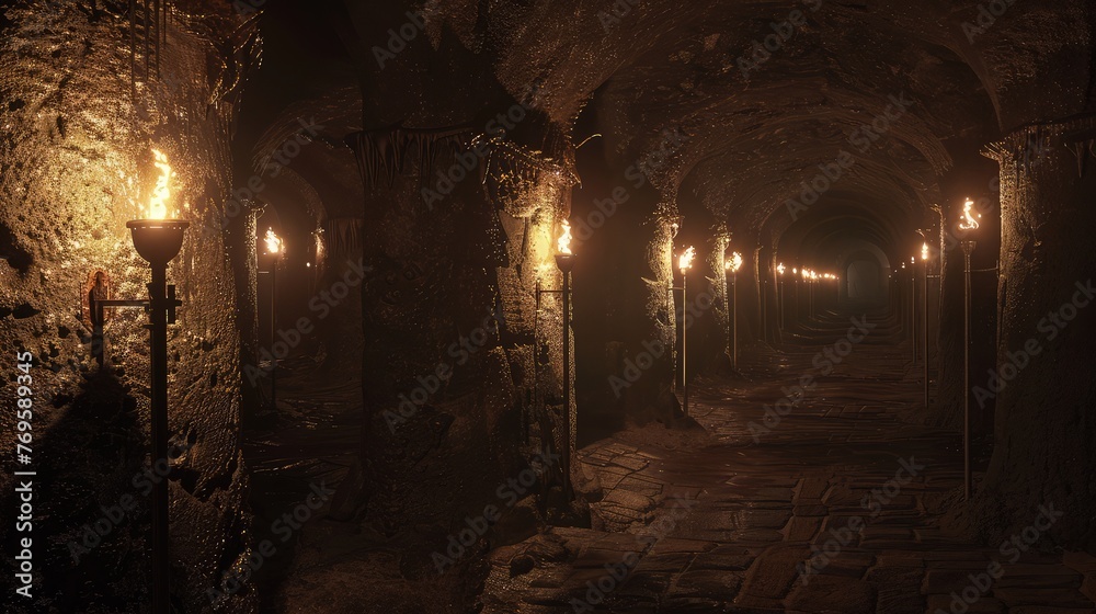 An eerie scene unfolds in an old abandoned cave, where golden lights flicker and dance against the rugged walls.