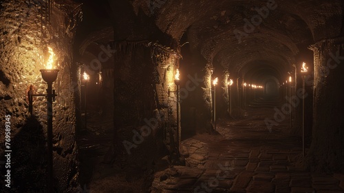 An eerie scene unfolds in an old abandoned cave  where golden lights flicker and dance against the rugged walls.