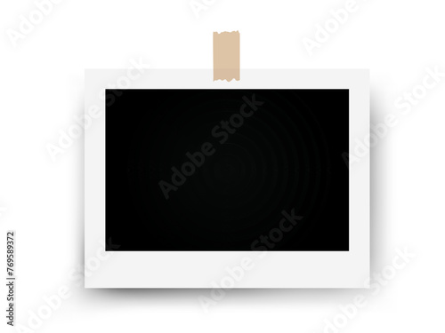 Realistic Photo Frame Mockup glued on tape. Taped on photograph Mock up design on white background. Vector illustration for memory in scrapbook or notebook