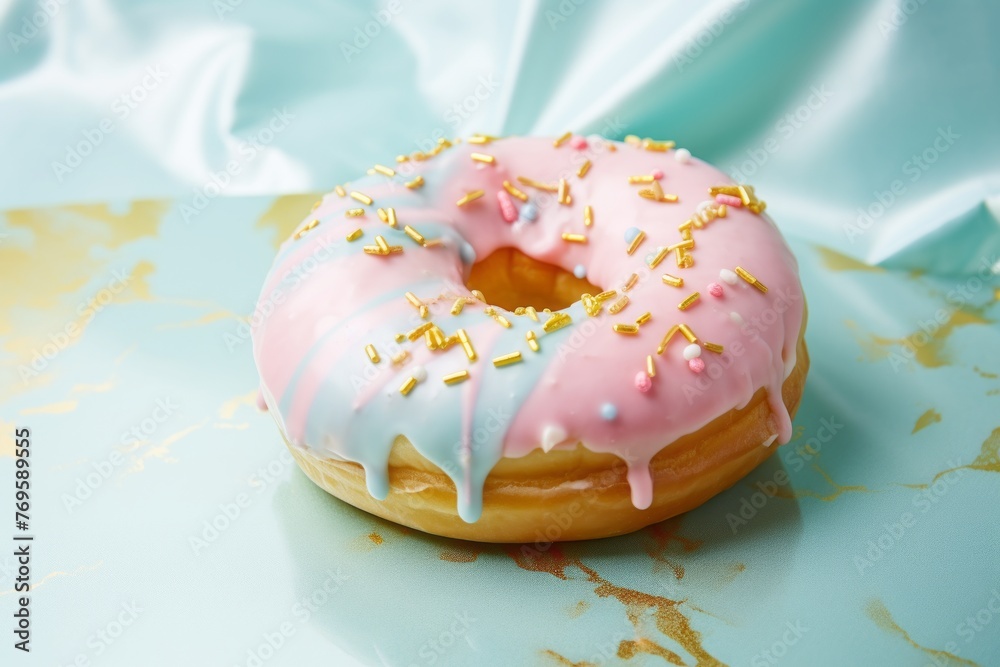 Exquisite doughnut on a marble slab against a pastel painted wood background Exquisite doughnut on a marble slab against a pastel painted wood background