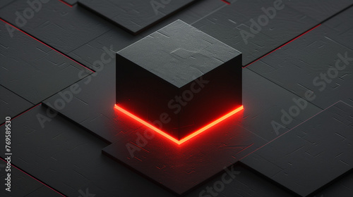 Black cube on a black background with a red glow under it. AI Generated