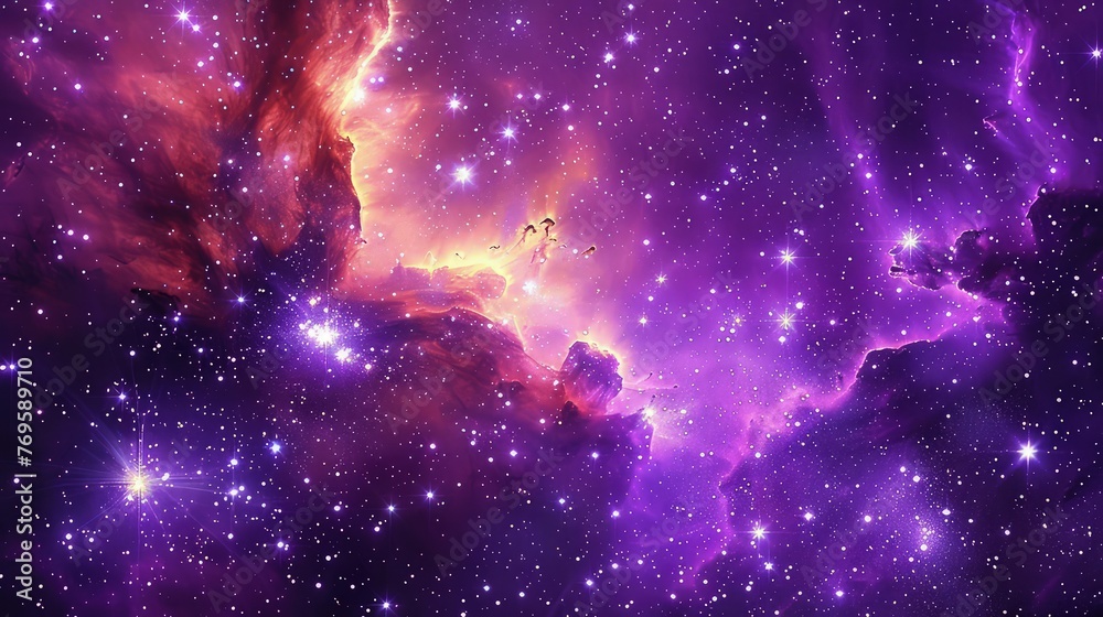 Naklejka premium An enchanting view of a vast galaxy swirling with stars, bathed in the soft glow of a purple sky that casts a magical hue over the celestial landscape. 