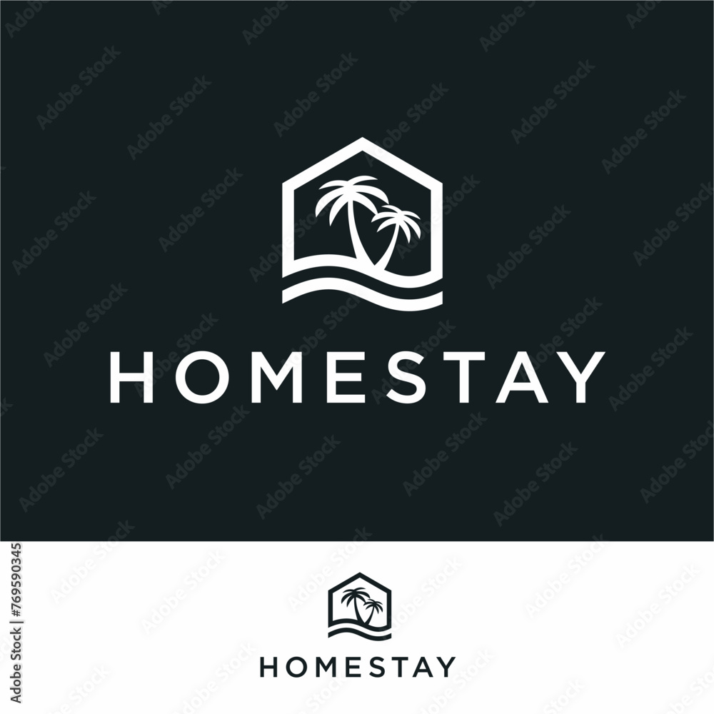 natural homestay logo, simple logo icon homestay background, beach house logo