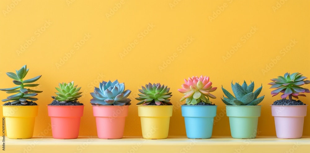 Colorful Succulents in Different Pots Arranged on Yellow Background, Flat Lay Composition with Copy Space